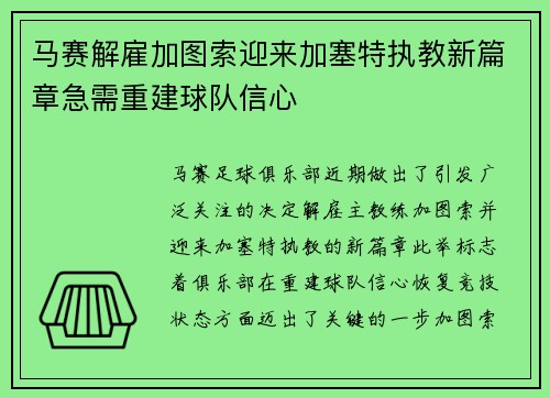 马赛解雇加图索迎来加塞特执教新篇章急需重建球队信心